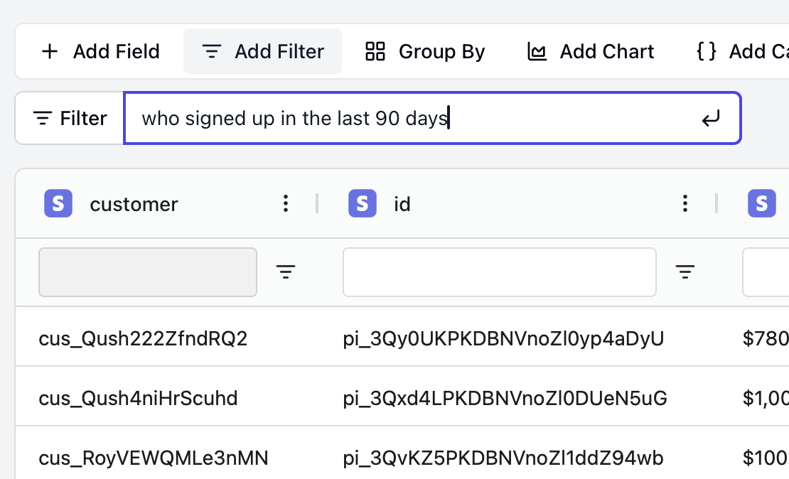 Natural language search and filter interface